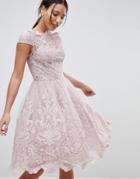 Chi Chi London Premium Lace Midi Prom Dress With Bardot Neck In Mink - Pink