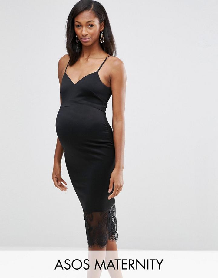 Asos Maternity Scuba Deep Plunge Midi Dress With Lace Hem - Black