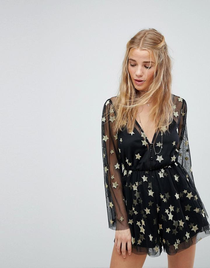 Kiss The Sky Sheer Mesh Romper With All Over Star Embroidery - Black