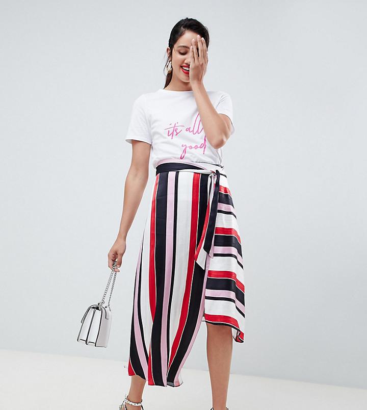 River Island Asymmetric Midi Skirt With Tie Detail In Stripe - Red