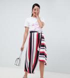 River Island Asymmetric Midi Skirt With Tie Detail In Stripe - Red