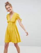 Asos Mini Button Through Tea Dress With Tie Sleeve - Yellow