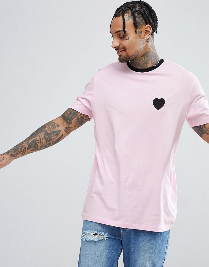 Asos Valentines Longline T-shirt With Heart Embroidery - Pink