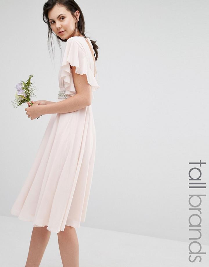 Tfnc Tall Wedding Fluted Sleeve Embellished Waist Midi Dress - Peach Blush