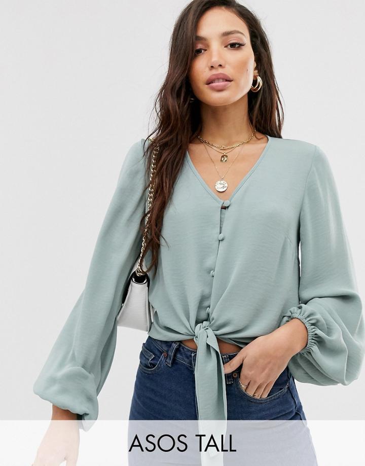 Asos Design Tall Long Sleeve Button Front Top With Tie Detail-no Color