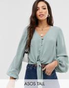 Asos Design Tall Long Sleeve Button Front Top With Tie Detail-no Color
