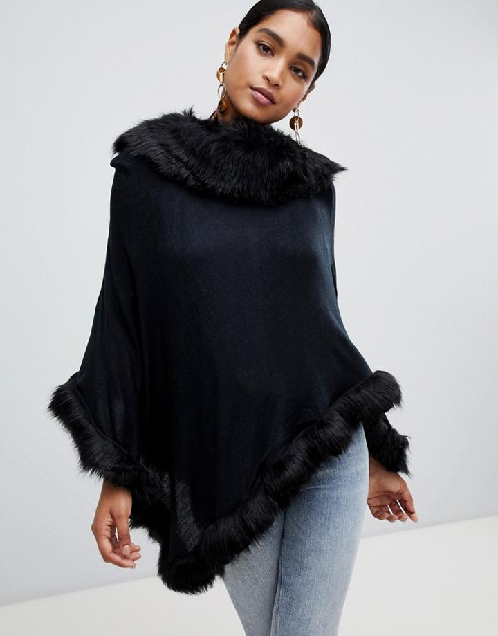 Jayley Faux Fur Trim Wool Blend Poncho-black