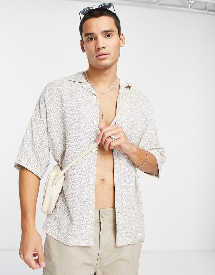 Pull & Bear Geometric Jacquard Shirt In Beige-neutral