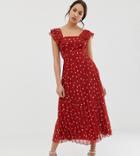 Asos Design Tall Pleated Skater Midi Dress With Square Neck In Rust Spot - Multi