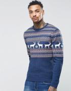 Asos Holidays Sweater With Stags And Cable - Denim Twist