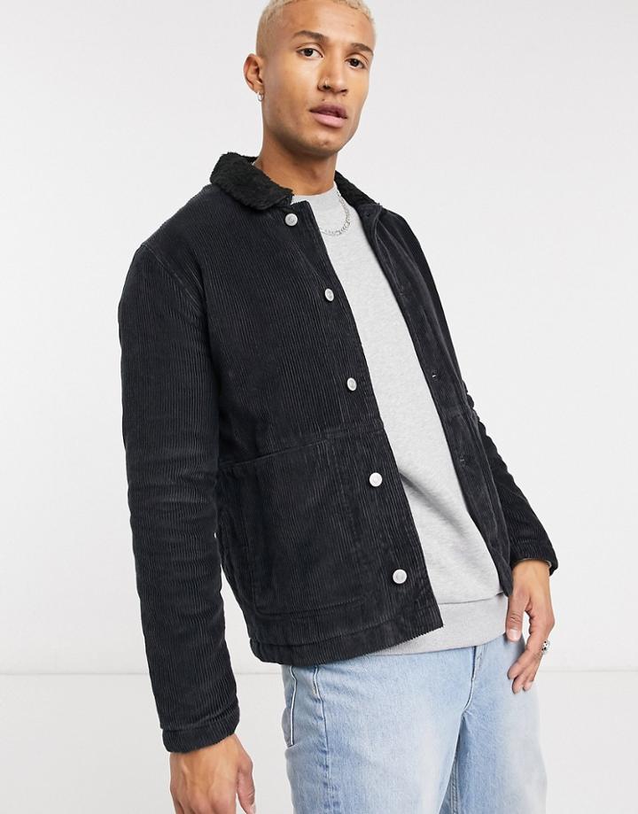 Asos Design Cord Worker Shacket With Fleece Collar In Black
