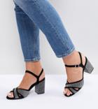 New Look Wide Fit Cross Strap Glitter Low Block Heel Sandal - Silver