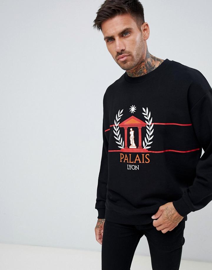 Asos Design Oversized Sweatshirt With French Text Print And Embroidery In Black - Black