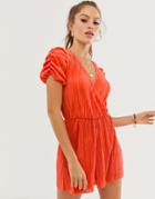 River Island Plisse Romper With Puff Sleeves In Red