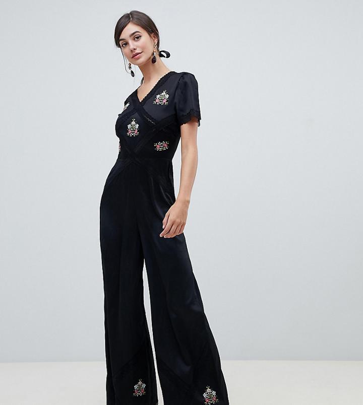 Asos Design Tall Tea Jumpsuit With Embroidery And Lace Insert-black