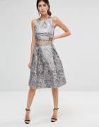 True Decadence Metallic Midi Skirt In Jacquard - Silver
