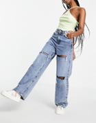 New Look Ripped Baggy Jeans In Mid Blue-blues
