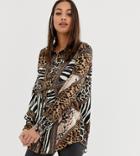 Prettylittlething Exclusive Oversized Shirt In Multi Animal Print - Multi