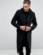 Asos Wool Mix Belted Double Breasted Overcoat With Fleece Collar - Black