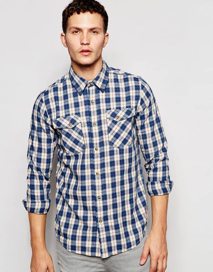 Nudie Slim Shirt Gunnar 2 Pocket Twill Indigo Check - Twill Indigo Check