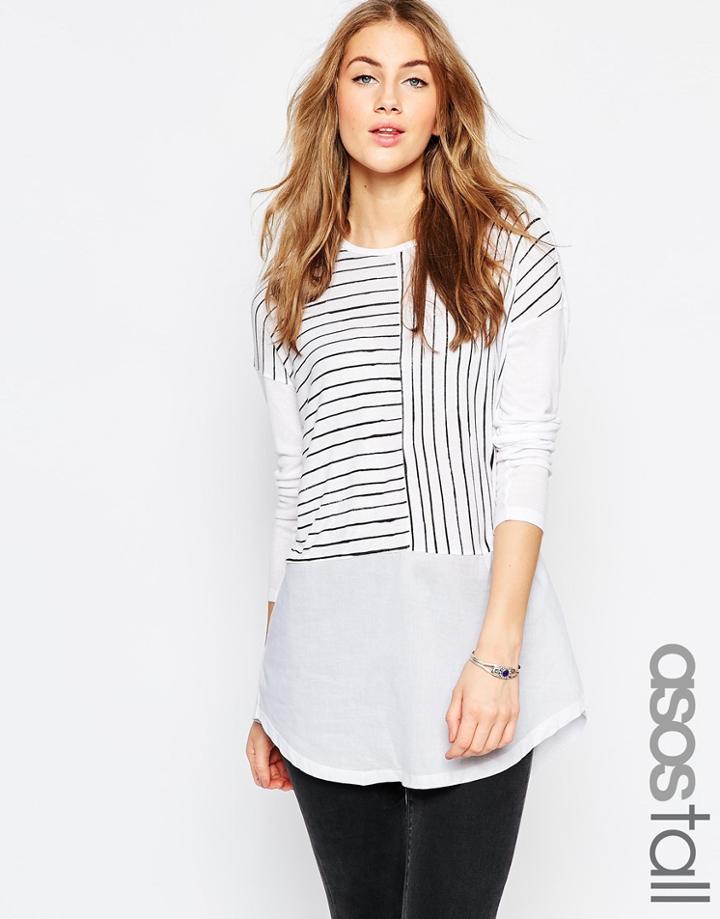 Asos Tall Longline Top In Cutabout Stripe With Woven Panel - Multi