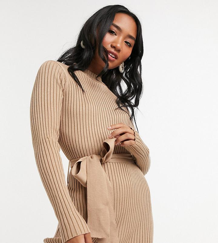 New Look Petite Tie Waist Rib Midi Dress In Camel-brown
