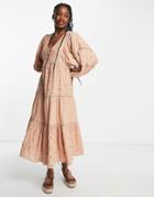 Asos Design Mixed Eyelet Midi Dress With 70s Sleeves In Dusky Pink
