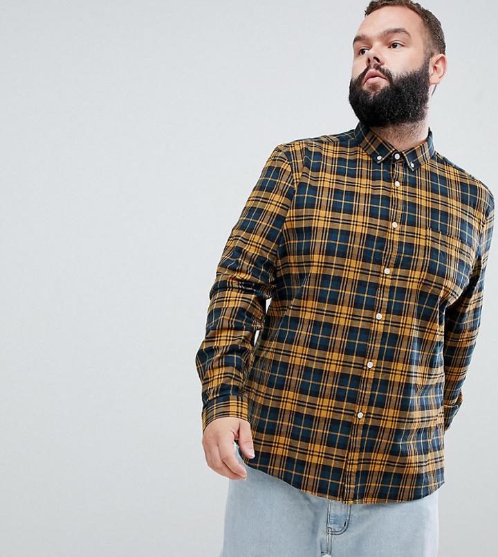 Asos Design Plus Stretch Slim Check Shirt In Navy & Mustard - Yellow