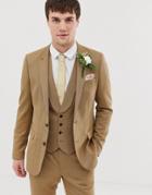 Asos Design Wedding Skinny Suit Jacket In Camel Twill-beige