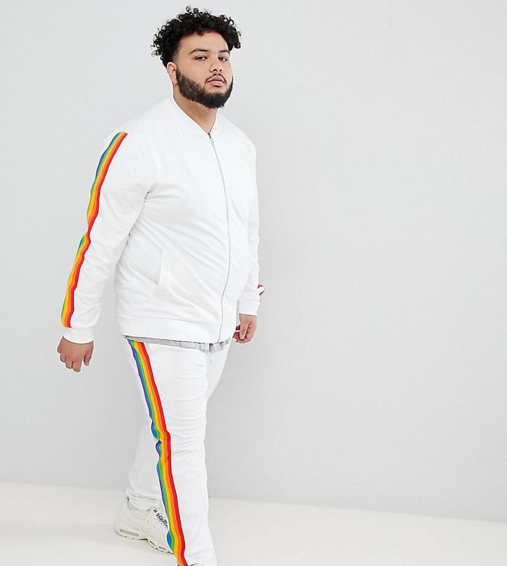 Asos Design Plus Retro Bomber Jacket With Rainbow Stripe - White