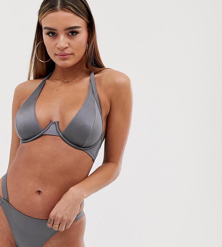 Wolf & Whistle Fuller Bust Exclusive Underwired Bikini Top In Charcoal Shimmer Dd-g Cup-gray