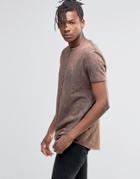 Asos Longline T-shirt With Raw Curved Hem And Rust Acid Wash - Chestnut