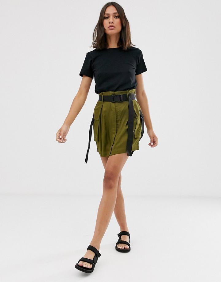 Asos Design Mini Utility Skirt With Buckle Belt-green