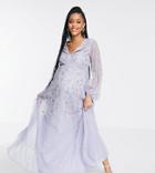 Asos Design Maternity Maxi Dress With Blouson Sleeve And Delicate Floral Embellishment-purple