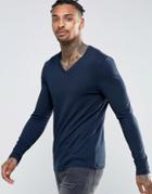 Asos Long Sleeve Muscle T-shirt With V Neck In Navy - Blue