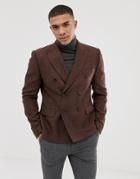 Asos Design Slim Cropped Herringbone Wool Mix Blazer In Rust - Tan