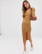 Asos Design Square Neck Knitted Midaxi Dress With Volume Sleeve - Brown
