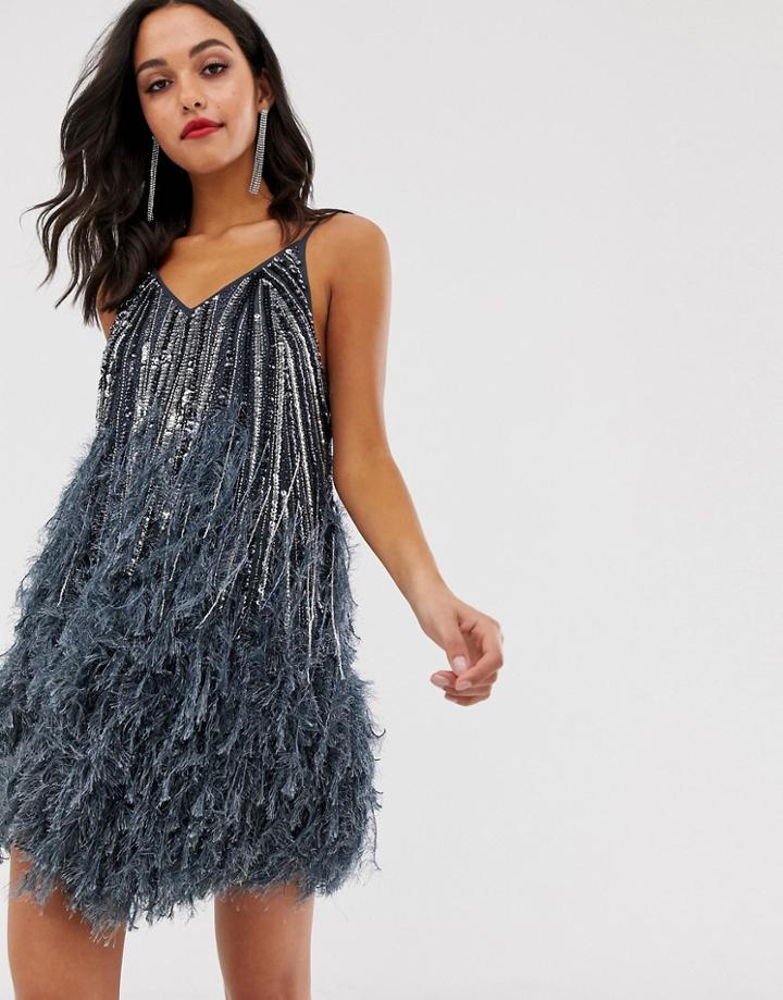 Asos Edition Sequin Cami Mini Dress With Faux Feather Hem-blue