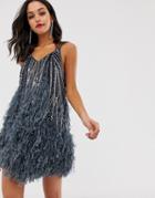Asos Edition Sequin Cami Mini Dress With Faux Feather Hem-blue