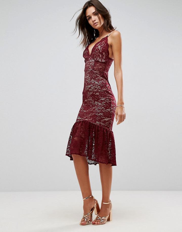 Asos Lace Plunge Pephem Midi Dress-red