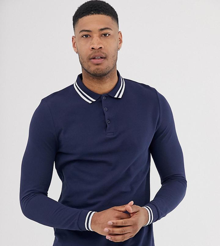 Asos Design Tall Long Sleeve Tipped Pique Polo Shirt In Navy