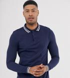Asos Design Tall Long Sleeve Tipped Pique Polo Shirt In Navy