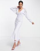 Asos Design Long Sleeve Linen Lace Applique Waist Detail Midi Dress In Lilac-purple