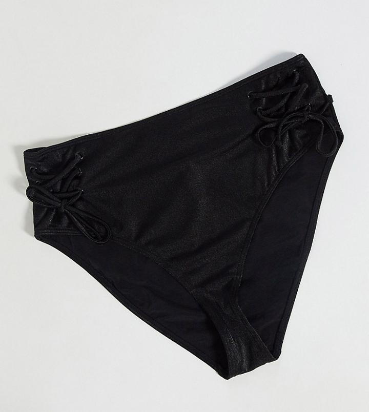Wolf & Whistle Curve Exclusive High Waist Bikini Bottom With Lace Up Detail In Black