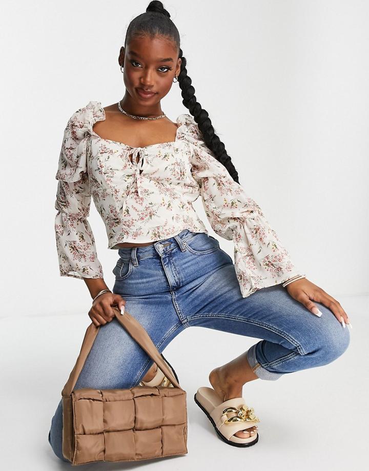 Missguided Tie Neck Blouse With Frill Shoulder In Cream Floral-white