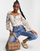 Missguided Tie Neck Blouse With Frill Shoulder In Cream Floral-white