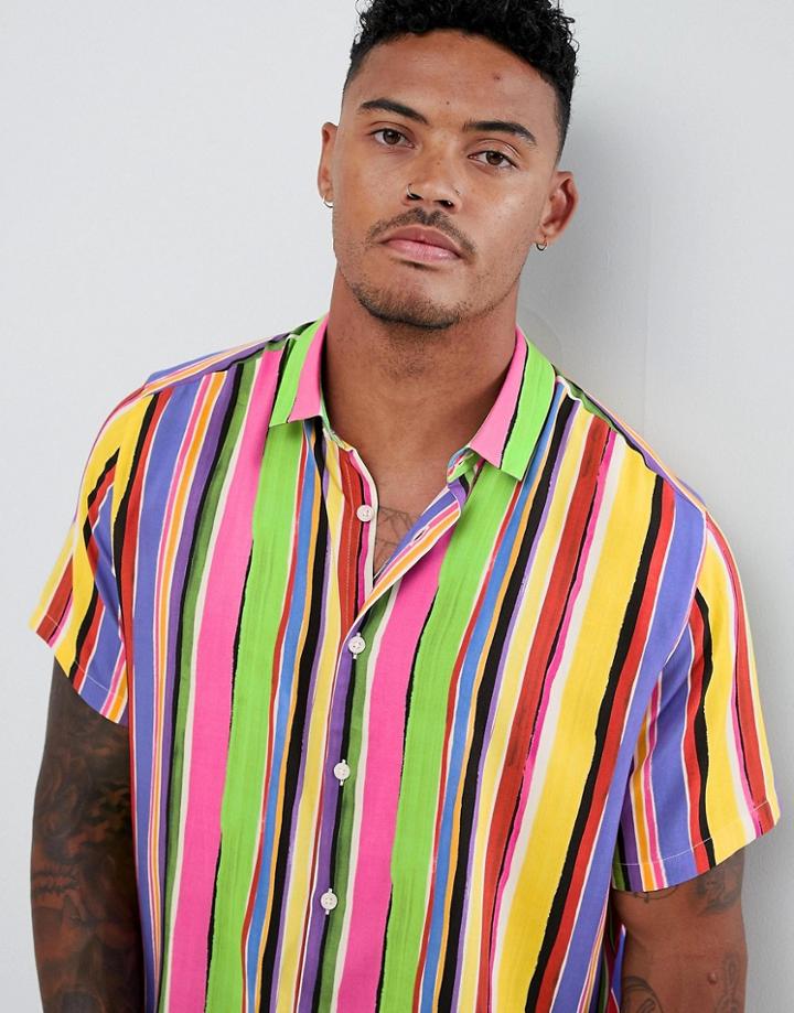 Asos Design Oversized Bright Stripe Shirt In Viscose - Multi