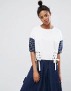 Ziztar Up At Midnight Lace Up Top Woth Contrast Sleeves - White