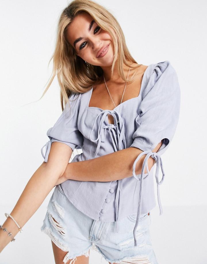 Topshop Linen Tie Front Puff Sleeve Top In Blue-blues