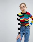 Daisy Street Skinny Knit Sweater In Color Block Rainbow Stripe - Multi